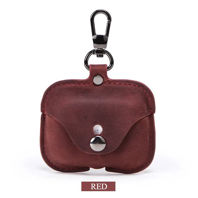 Brown leather clamshell case for AirPods Pro with crazy horse pattern texture and vintage styling