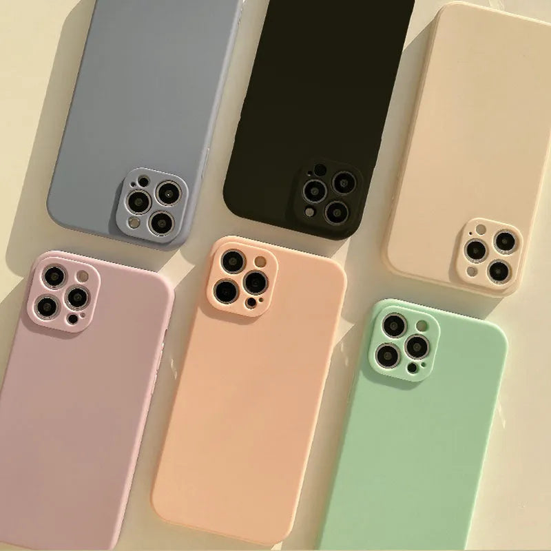 Frosted solid colour TPU phone case for iPhone 14 models shown in various colours.