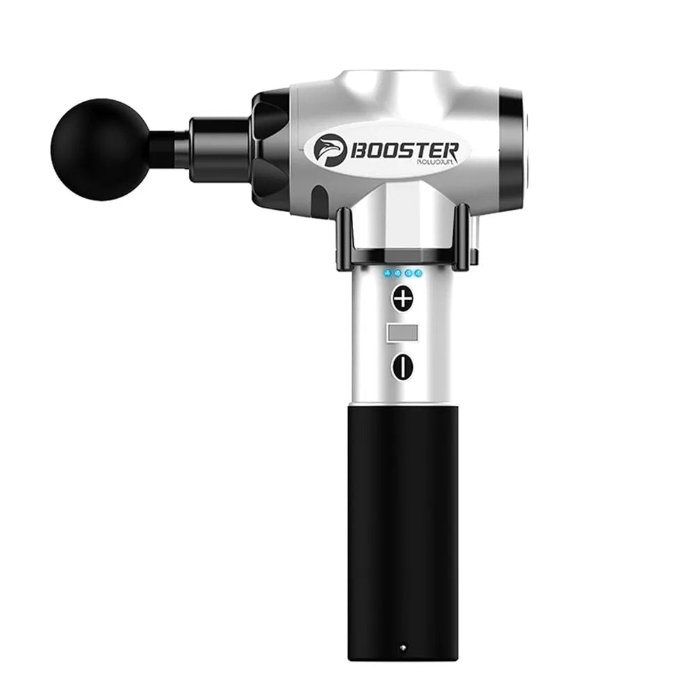 Black and white muscle relaxation massager with lithium battery showing 1800-3200r/min speed and 12mm stroke specifications