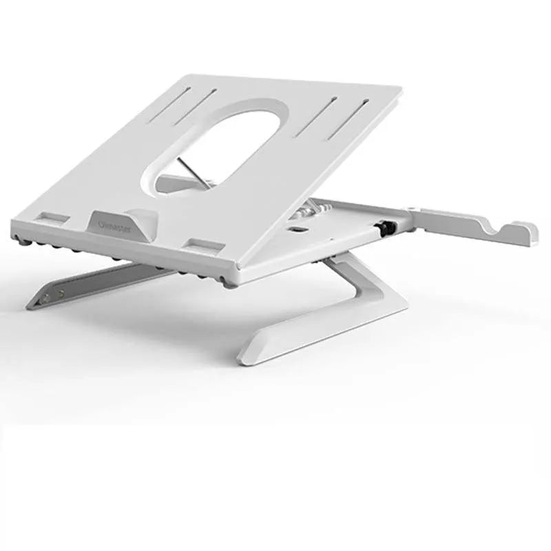 New folding laptop stand in black with 9-level angle adjustment, cooling slot, and phone holder for 10-15.6 inch laptops
