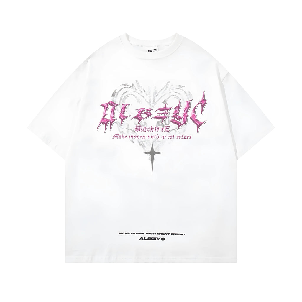 Retro printed loose fit cotton T-shirt for men in black, showing round neck and short sleeves.