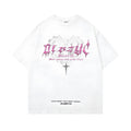 Retro printed loose fit cotton T-shirt for men in black, showing round neck and short sleeves.