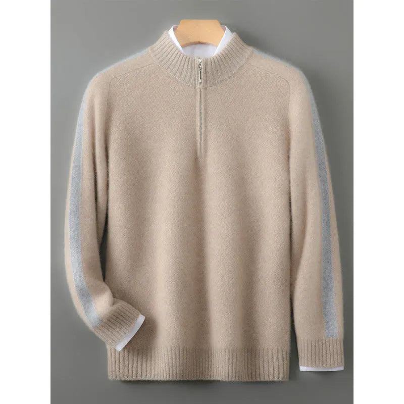 Sheep wool slim-fit pullover sweater with half zip on round neck, shown in various colours.