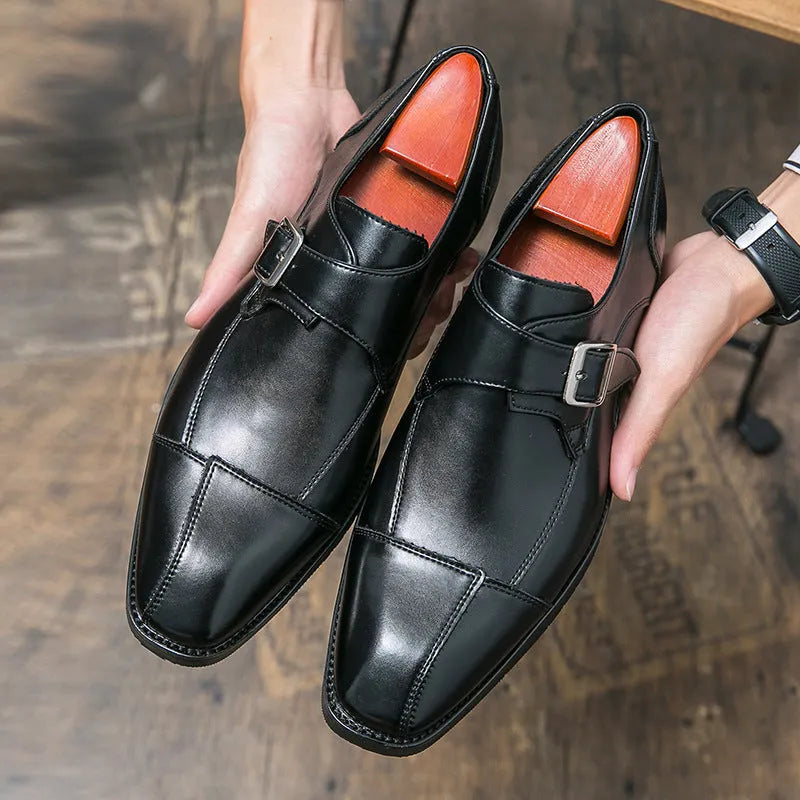 Men's brown blue and black retro buckle leather shoes with tall crown design