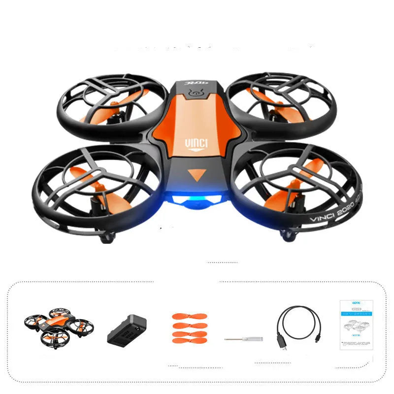 Blue and orange V8 mini RC drone quadcopter with propellers, showing remote control and storage bag.