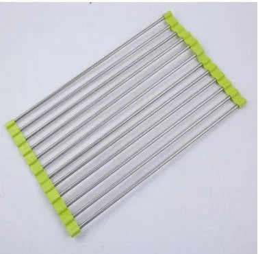 Foldable stainless steel kitchen sink drying rack shown in blue, red, and green colour options