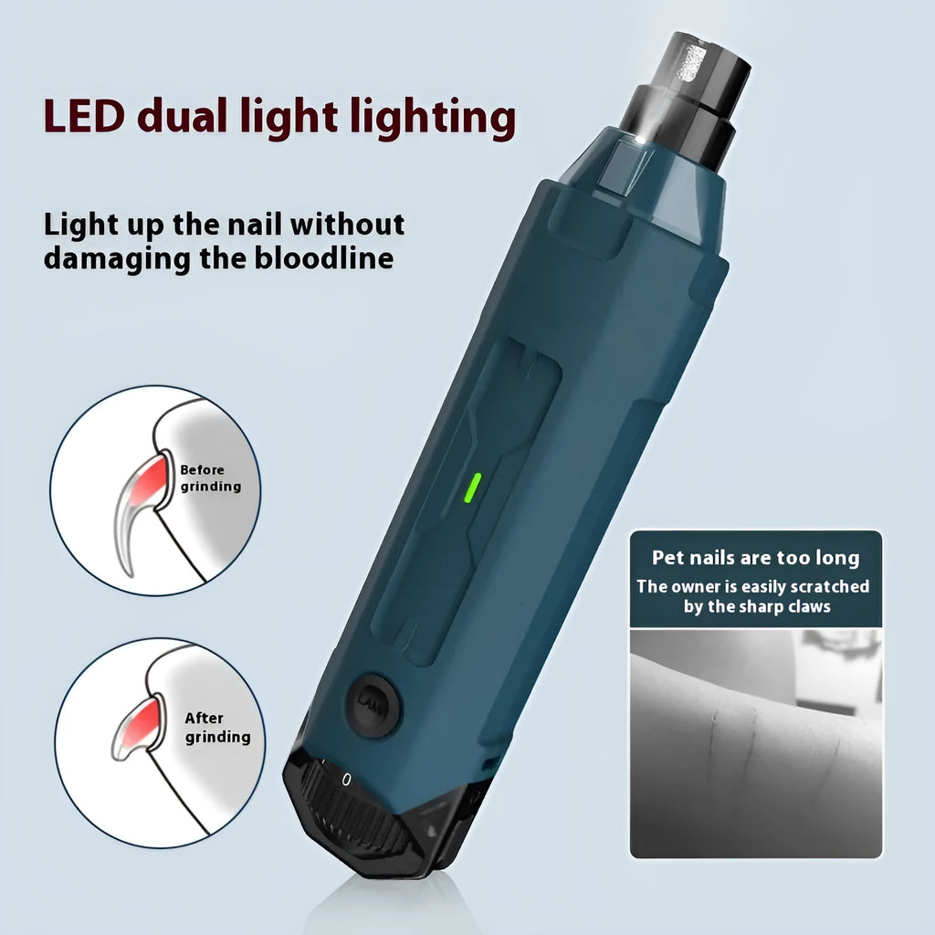 Dark blue USB rechargeable pet nail grinder with LED light and rotary speed control knob.