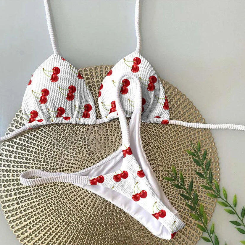 Women's printed bikini swimsuit with quick-dry fabric shown in available colours