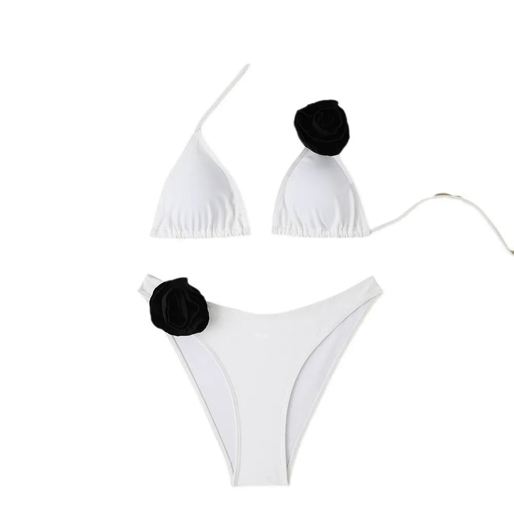 Women's floral bikini swimsuit with lace-up triangle top and split briefs in nylon fabric