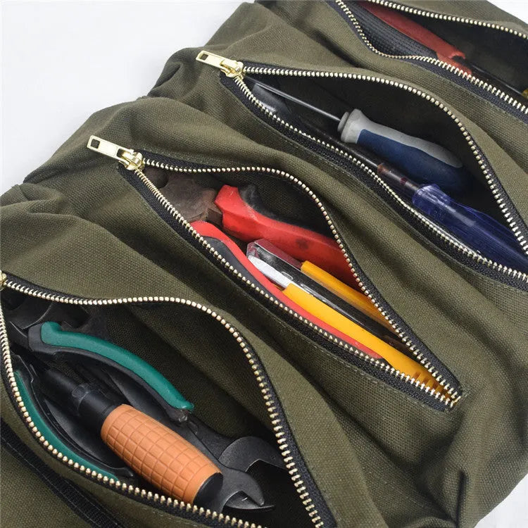 Multifunctional canvas hanging storage bag 49x29cm in khaki, army green, and black for car organisation