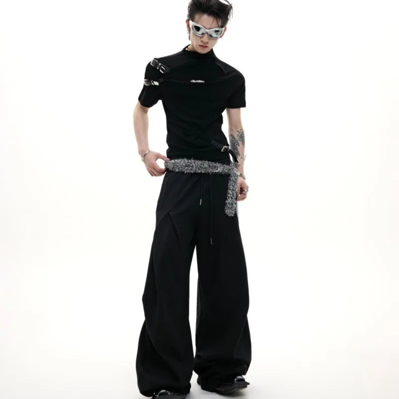 Men's slim fit black cotton T-shirt with small stand-up collar and metal belt design detail