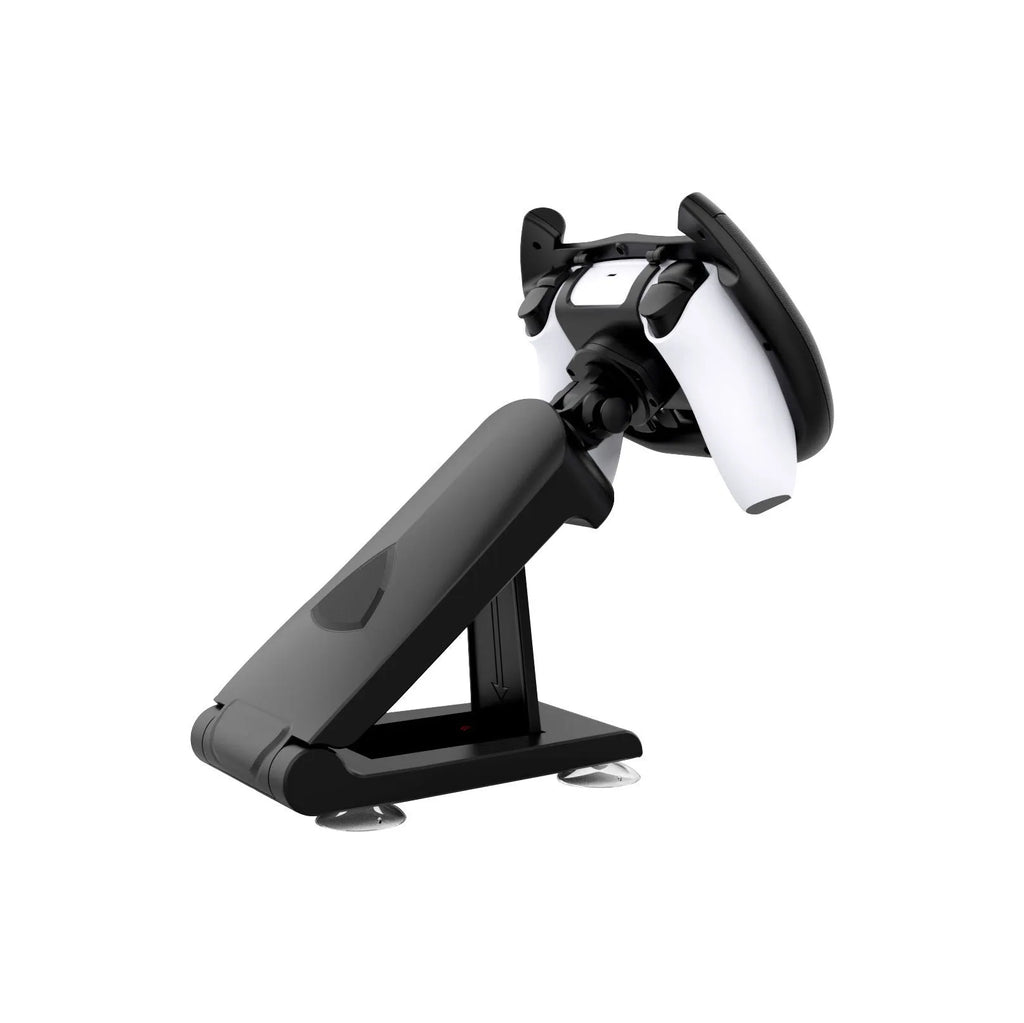 Black universal gamepad steering wheel bracket with suction cup for mobile phones, shown in colour box packaging.