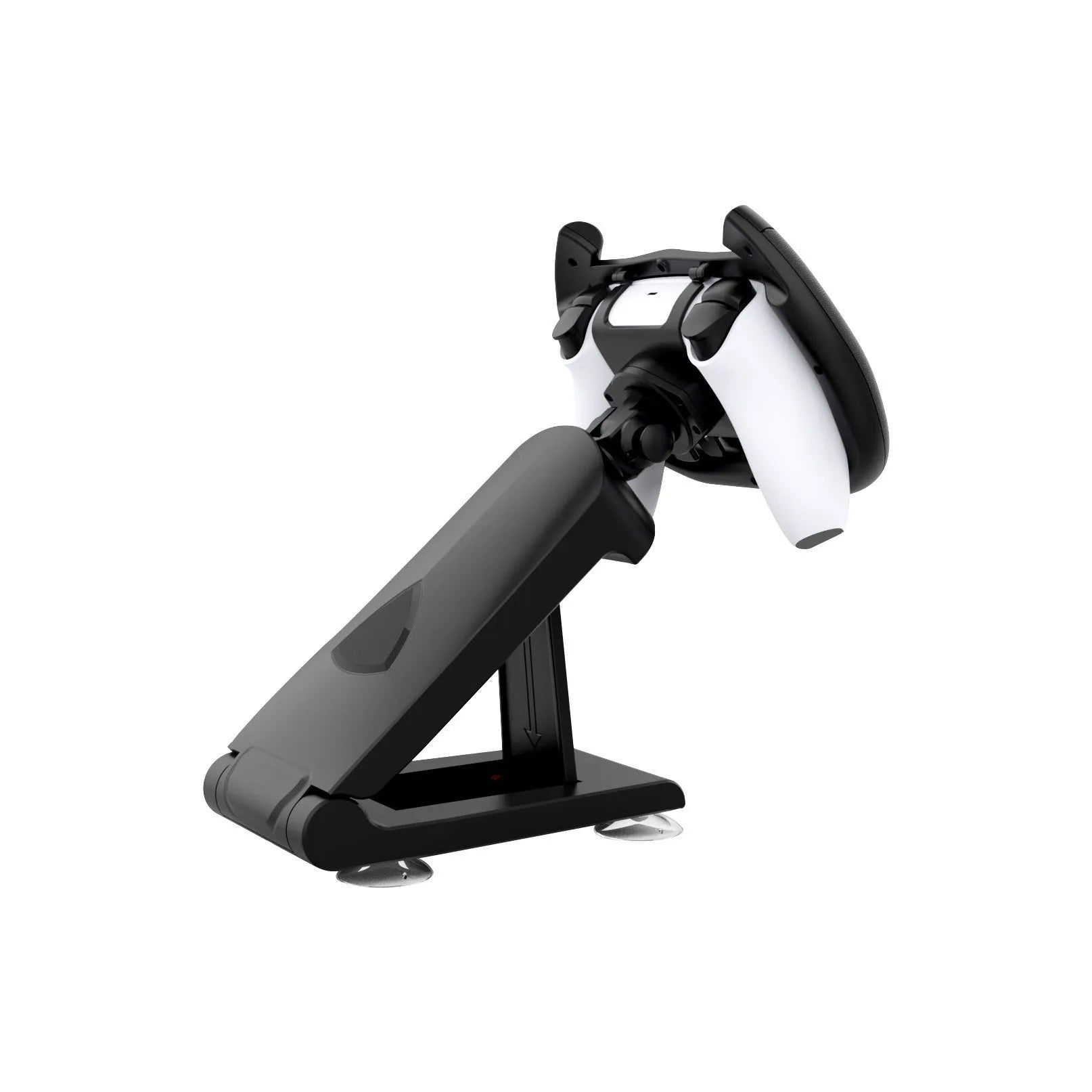 Black universal gamepad steering wheel bracket with suction cup for mobile phones, shown in colour box packaging.