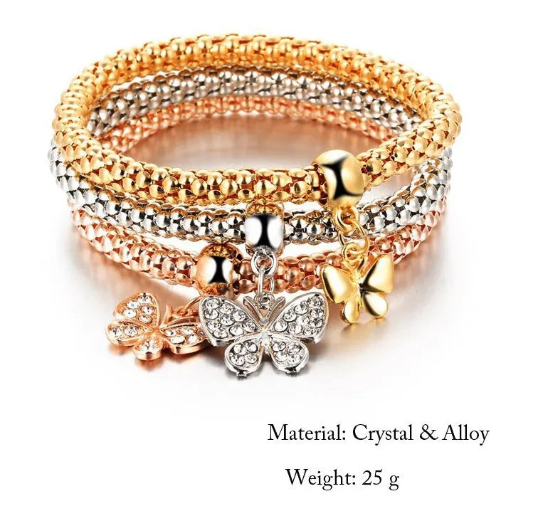 Alloy tricolour stretch popcorn corn chain bracelet set with themed charms in selected colour option