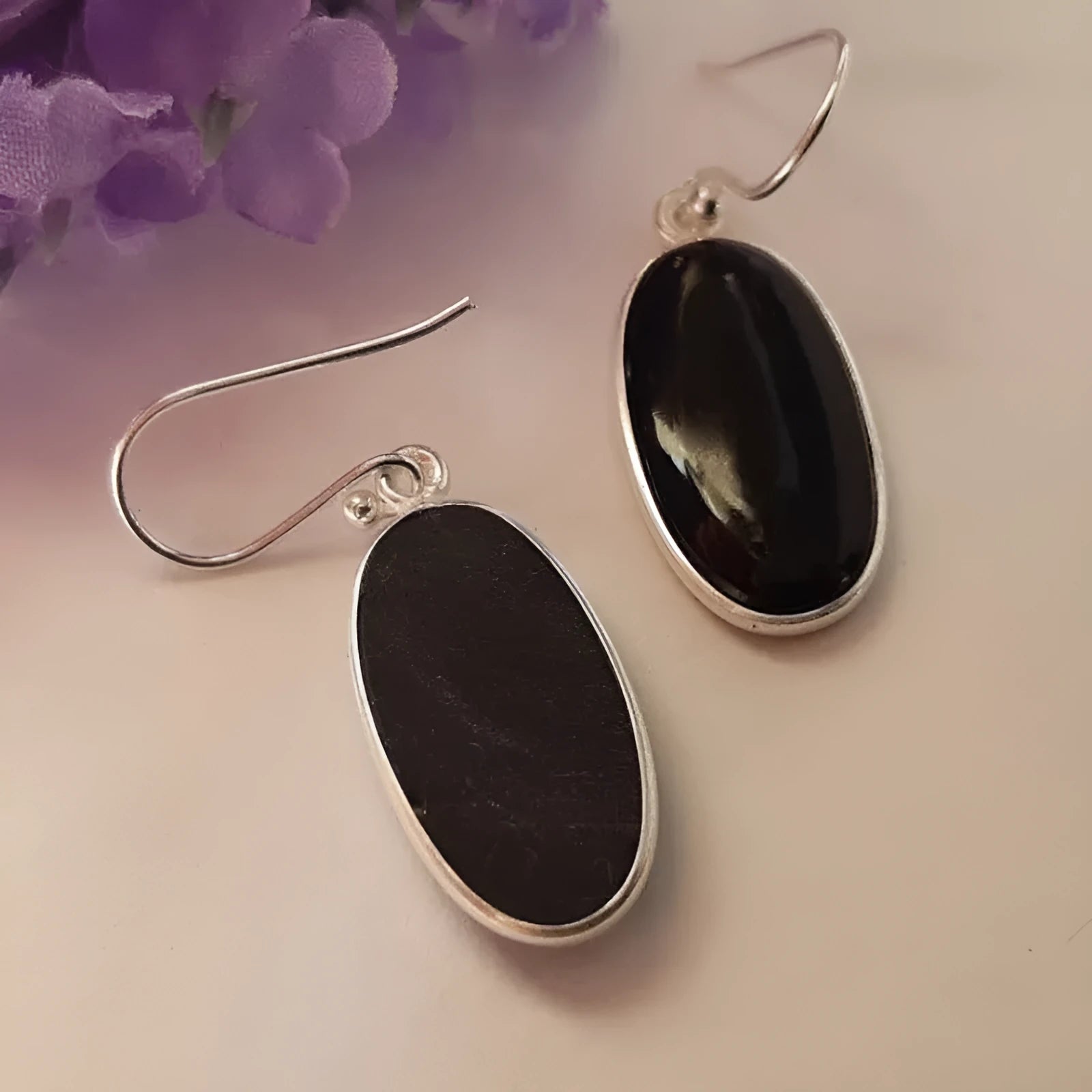 Black agate pendant earrings with geometric design and electroplated alloy construction