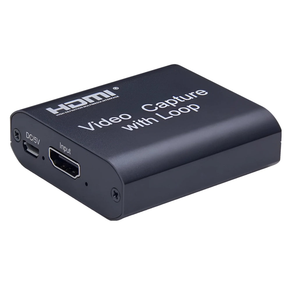 Black HDMI 4K video capture card with loop out and USB interface for computer or smartphone.