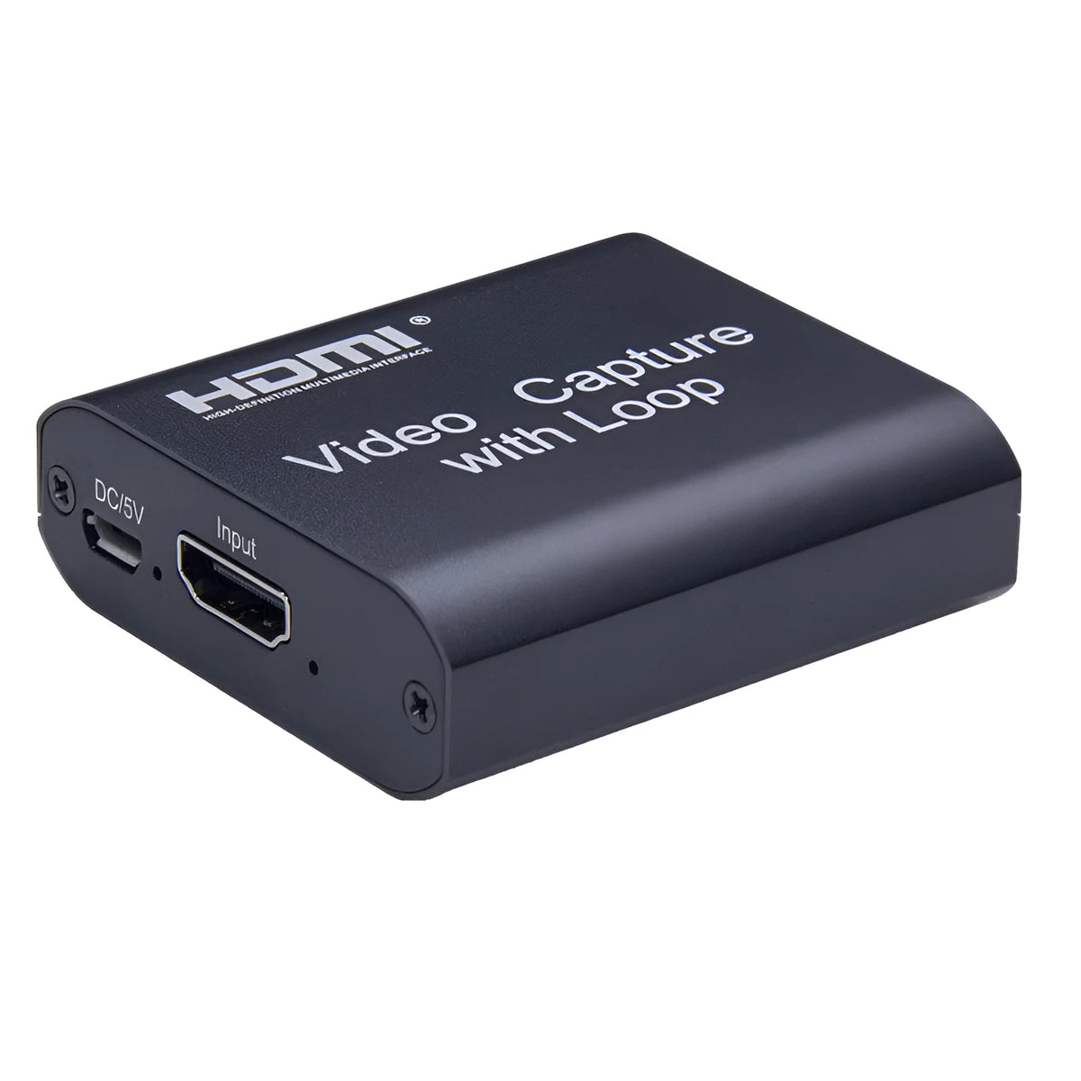 Black HDMI 4K video capture card with loop out and USB interface for computer or smartphone.