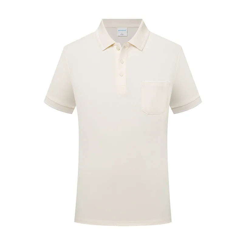 Short sleeve lapel collar polo shirt in spandex with a chest pocket, shown in apricot colour.