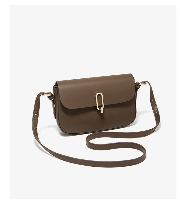 Black genuine cowhide leather square shoulder messenger bag with lock detail