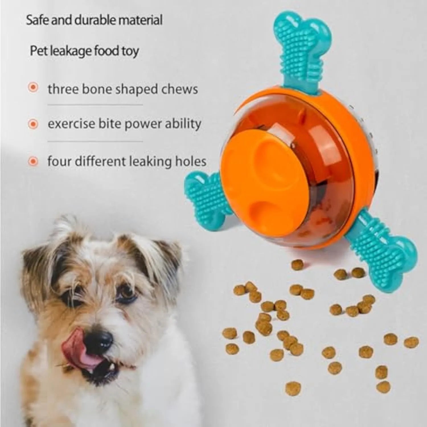 Blue interactive dog chew toy with treat dispenser and rubber bones for small medium puppies