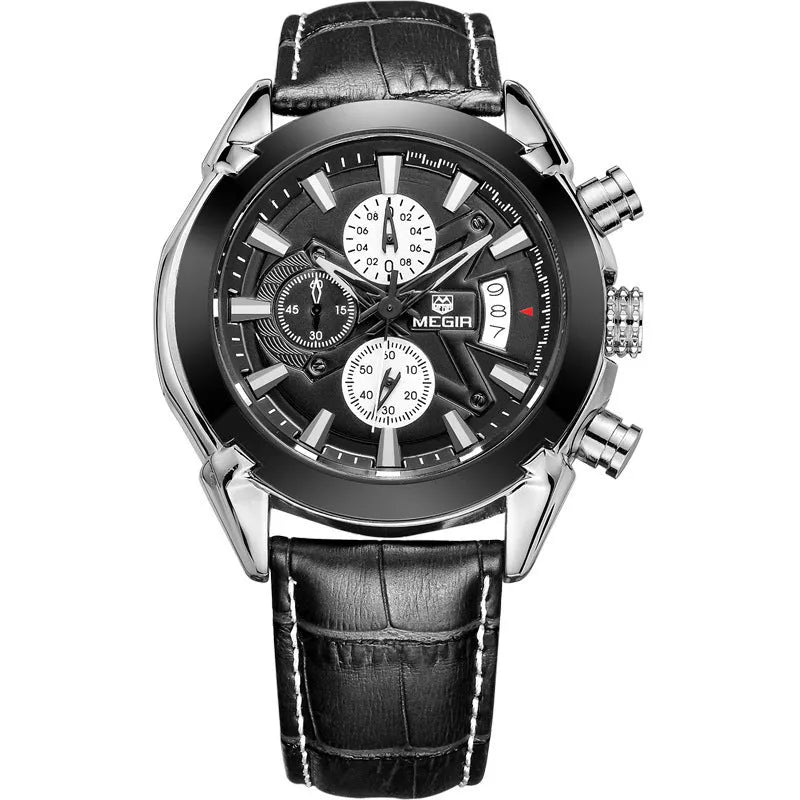 Men's casual quartz watch with three sub-dials six hands waterproof luminous 15mm brown white dial