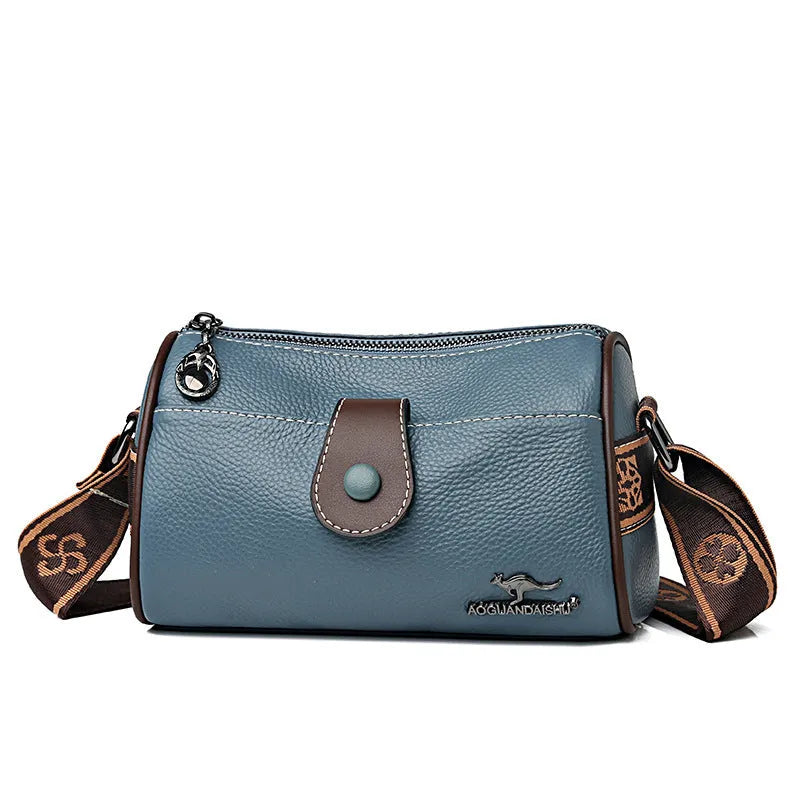 Retro women's leather crossbody bag in khaki, horizontal square shape with top grain leather and spliced detail