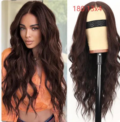 Lace big wave wig for women, dark brown, high temperature silk, 18 inch length, 13x4 lace front