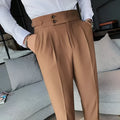 Cotton blend high waist straight casual trousers in black, shown on a model.