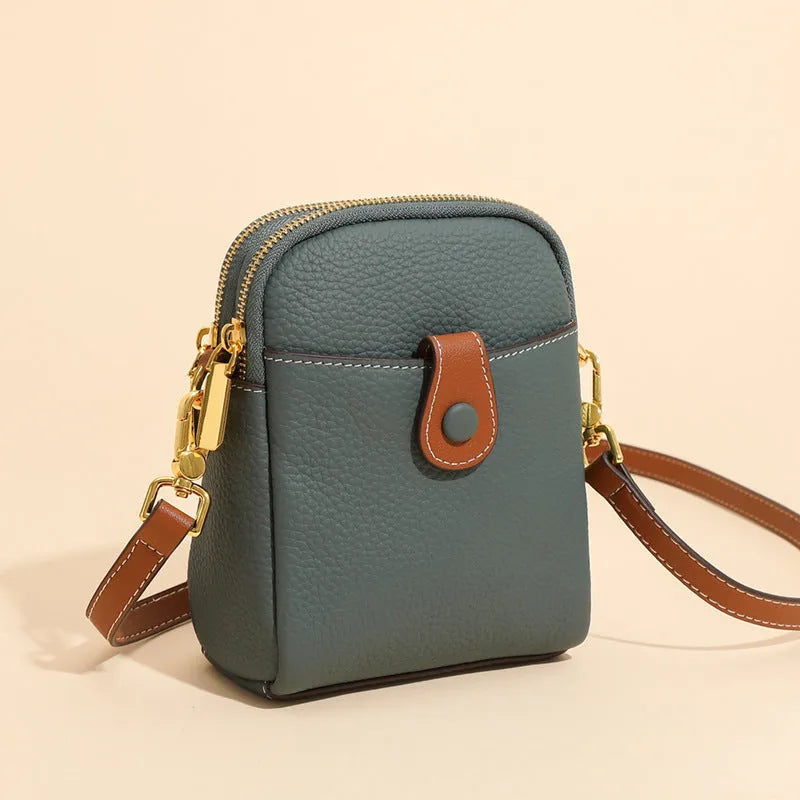 Lychee pattern top layer cowhide leather small crossbody mobile phone bag with coin purse, 14cm x 8.5cm x 18cm, cream colour