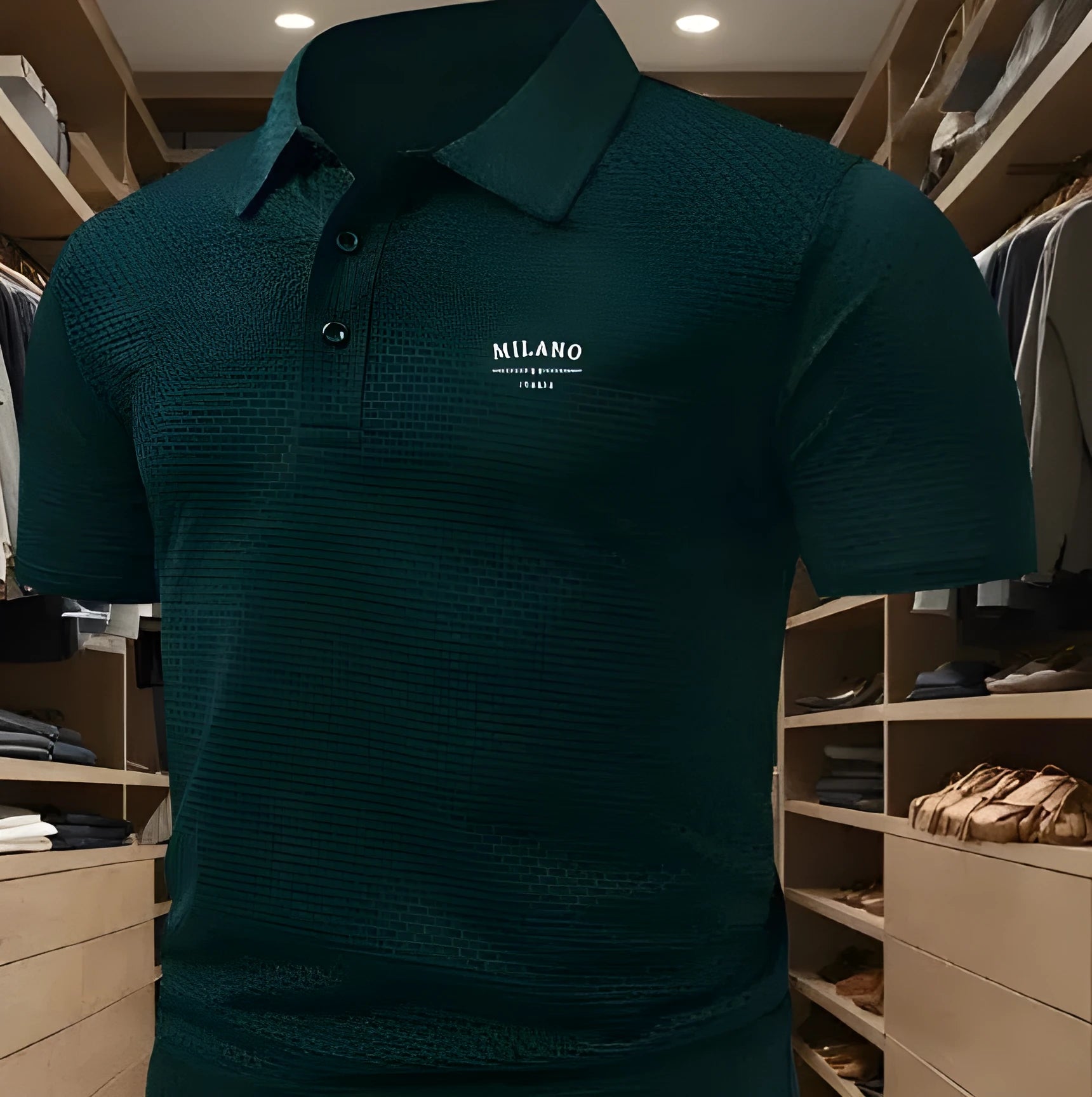 Men's light blue lapel collar polo shirt with short sleeves on a hanger.