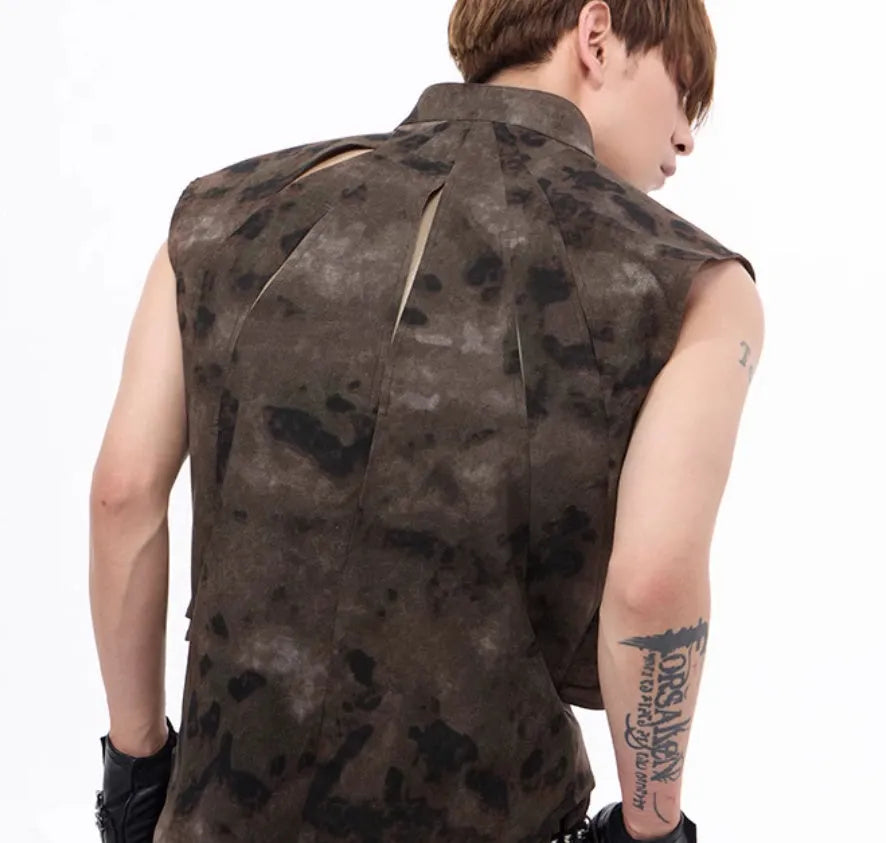 American retro camouflage denim vest coat with matching trousers in regular length