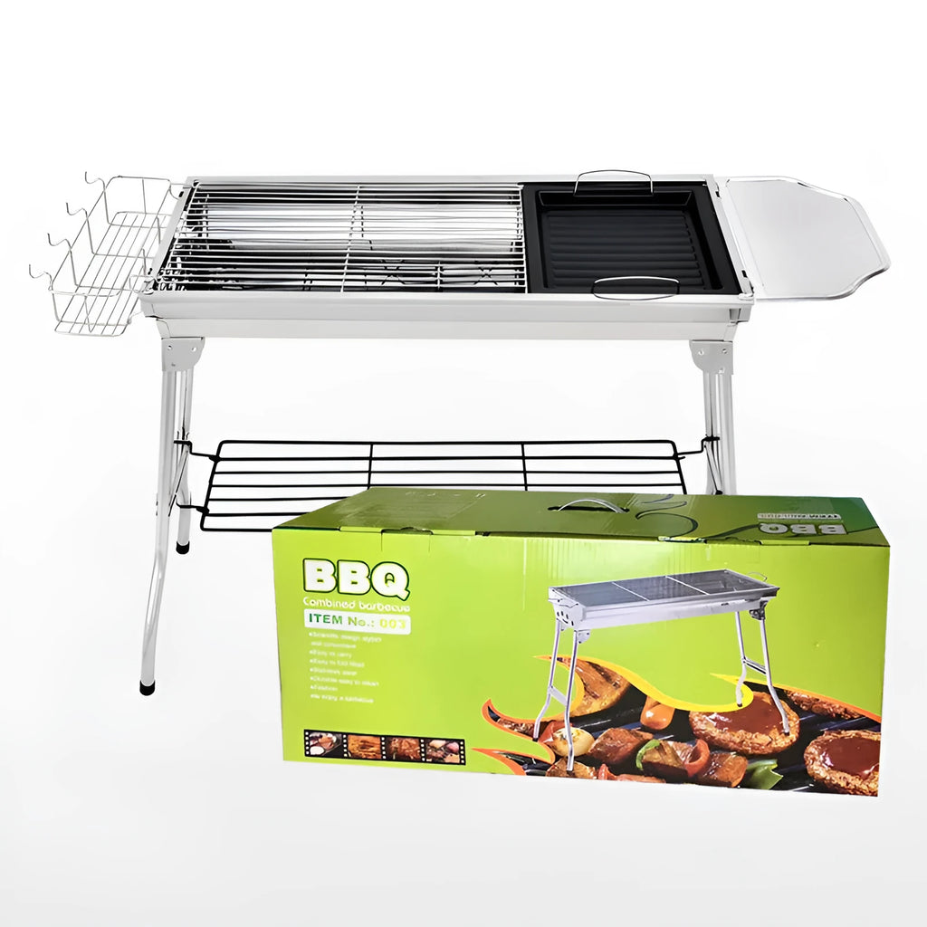 Large stainless steel portable folding barbecue oven with grill, shown unfolded for use.
