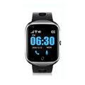 Black elderly safety smartwatch showing GPS location on its 1.3-inch square colour screen.