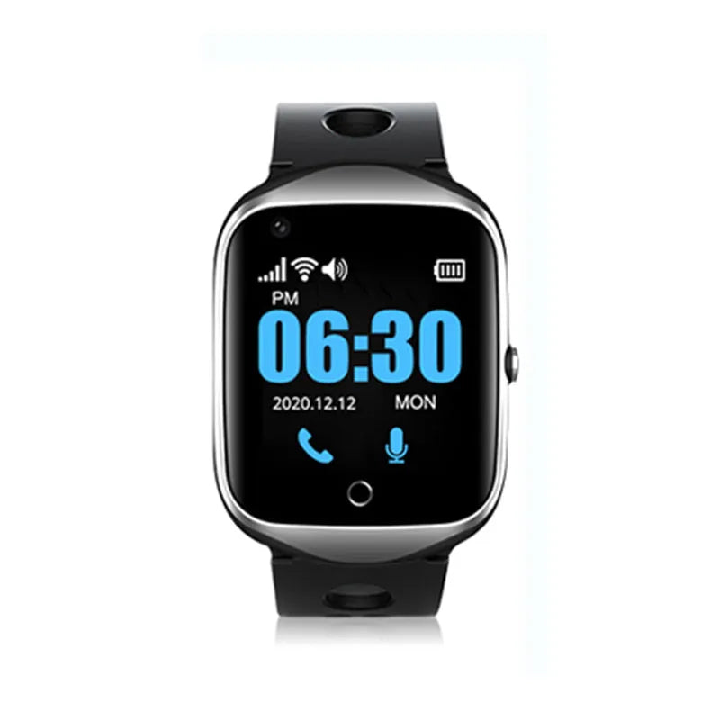 Black elderly safety smartwatch showing GPS location on its 1.3-inch square colour screen.