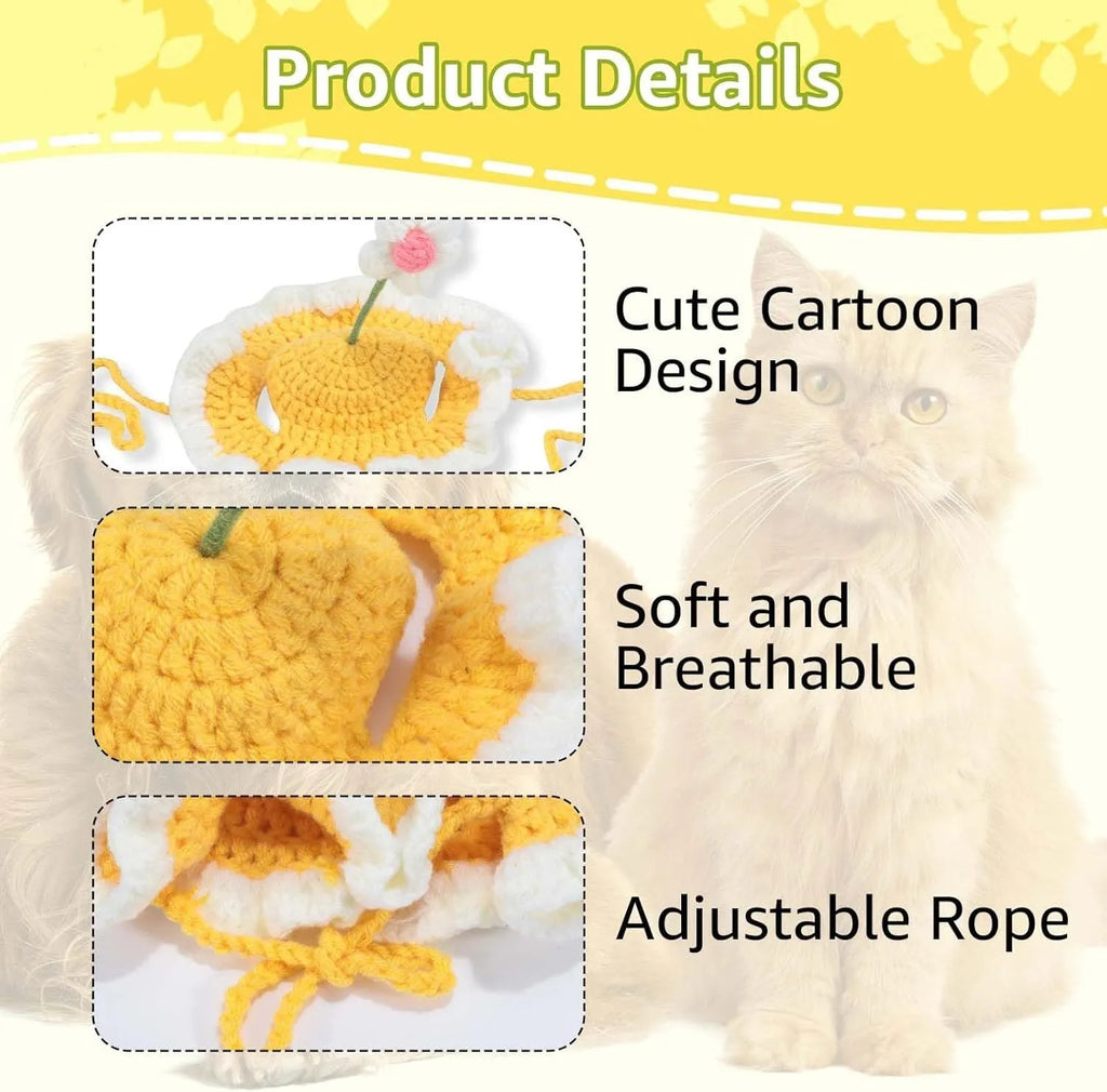 Knitted cartoon cat hat for small pets in green, pink, and yellow colours