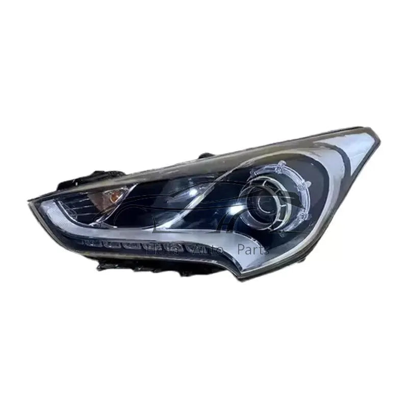 Black ABS plastic passenger-side replacement headlight assembly for Hyundai Veloster.