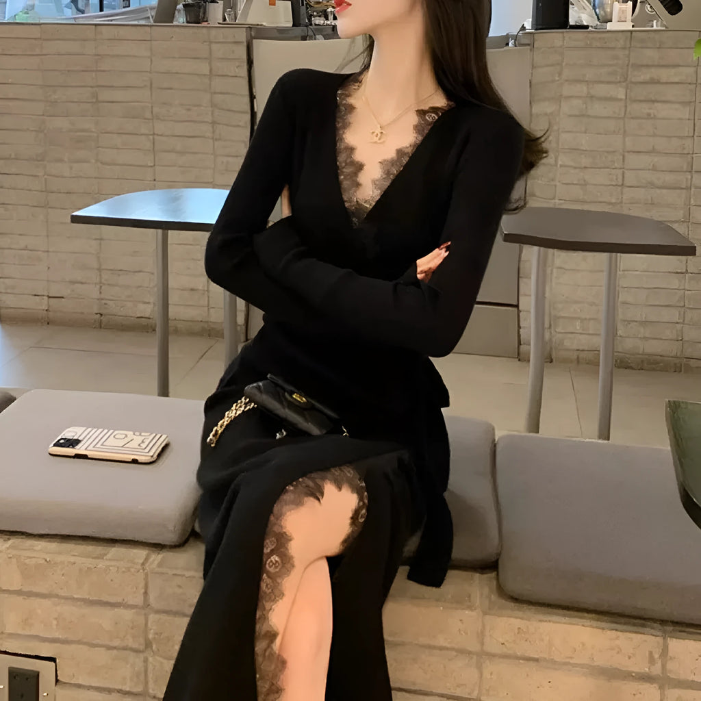 Black women's slim fit woolen skirt with a princess cut silhouette.