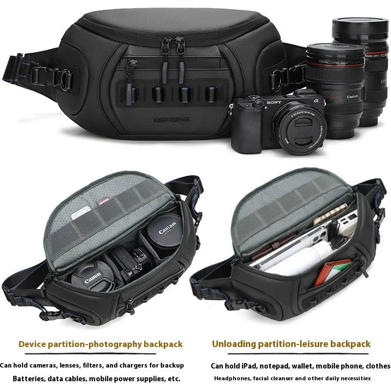 Black waterproof oxford cloth DSLR camera shoulder bag with chest carry strap