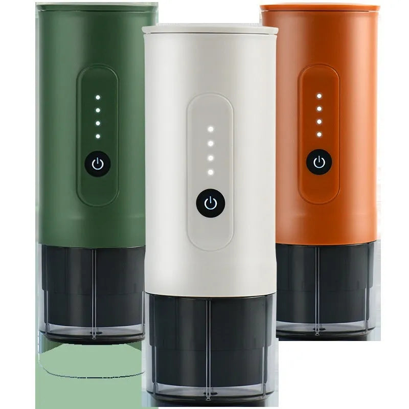 Handheld portable electric coffee machine in Jungle Green colour with car charger cable.