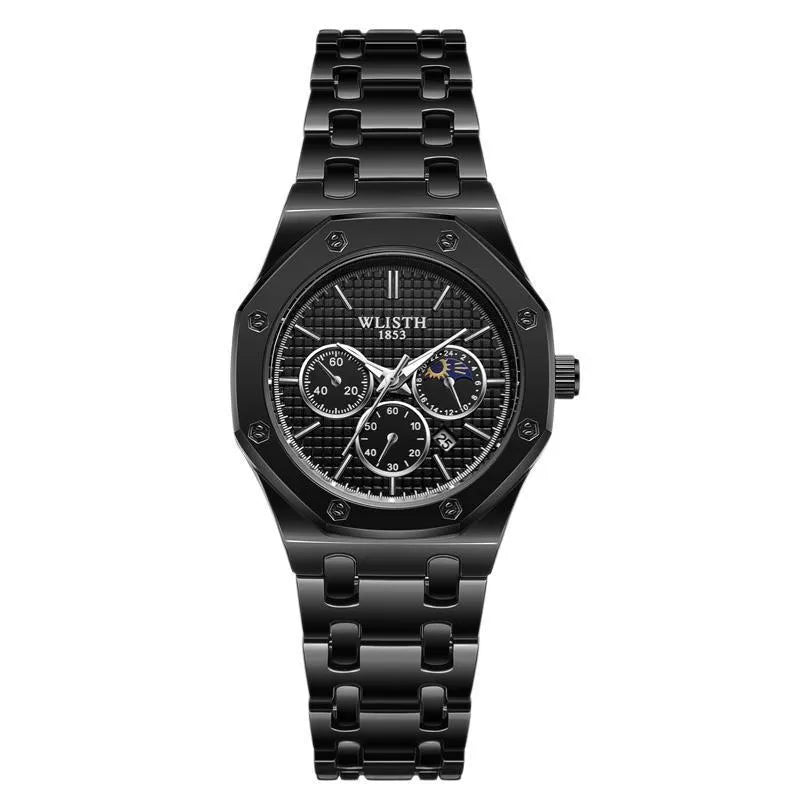 Women's watch with luminous steel strap calendar 29mm dial black face