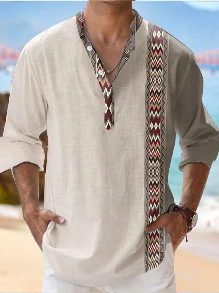 Man's thin casual long sleeve Hawaiian shirt with digital bamboo linen stripes in assorted colours.