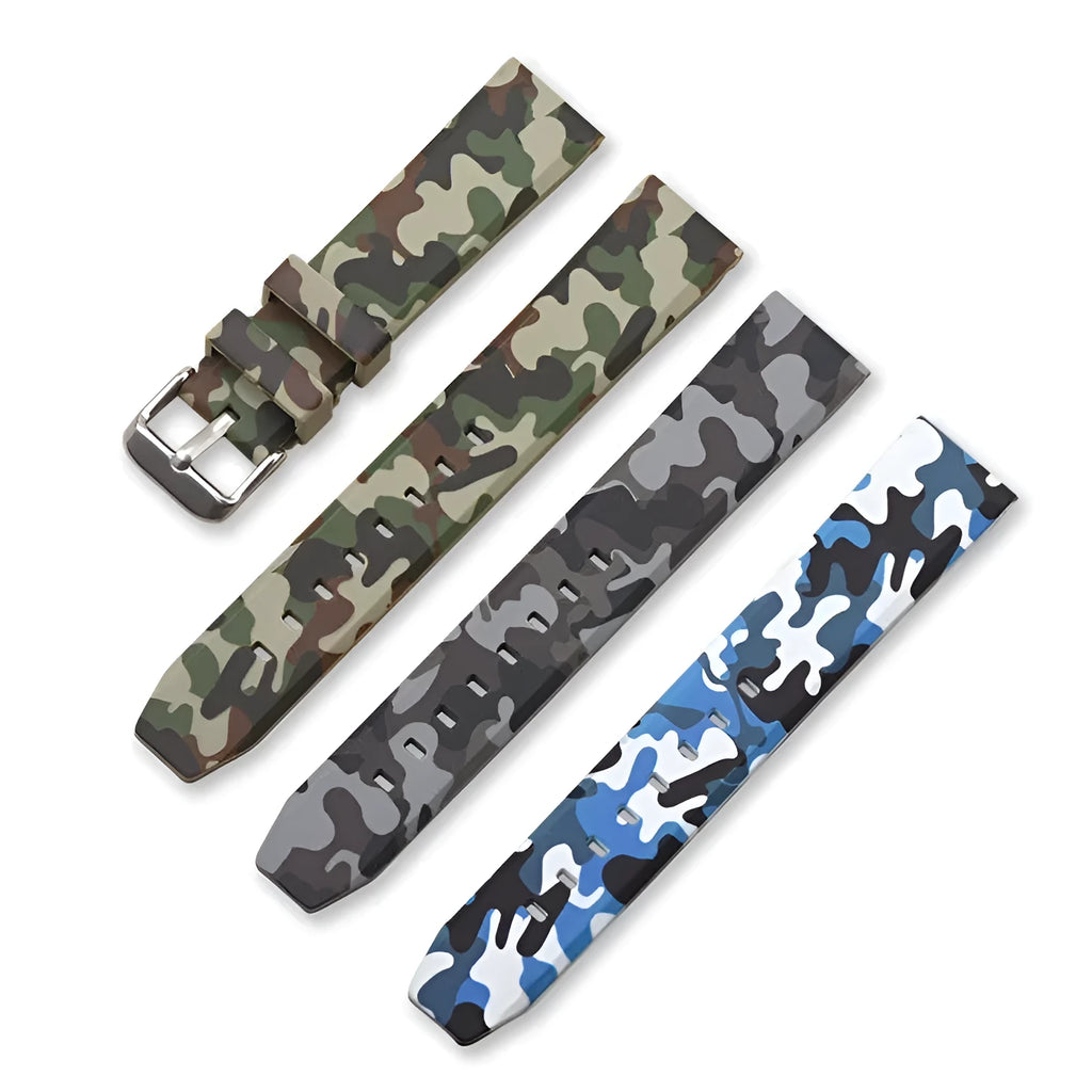 Green camouflage silicone watch strap with universal flat head lugs, shown next to 20mm, 22mm, 24mm size indicators.