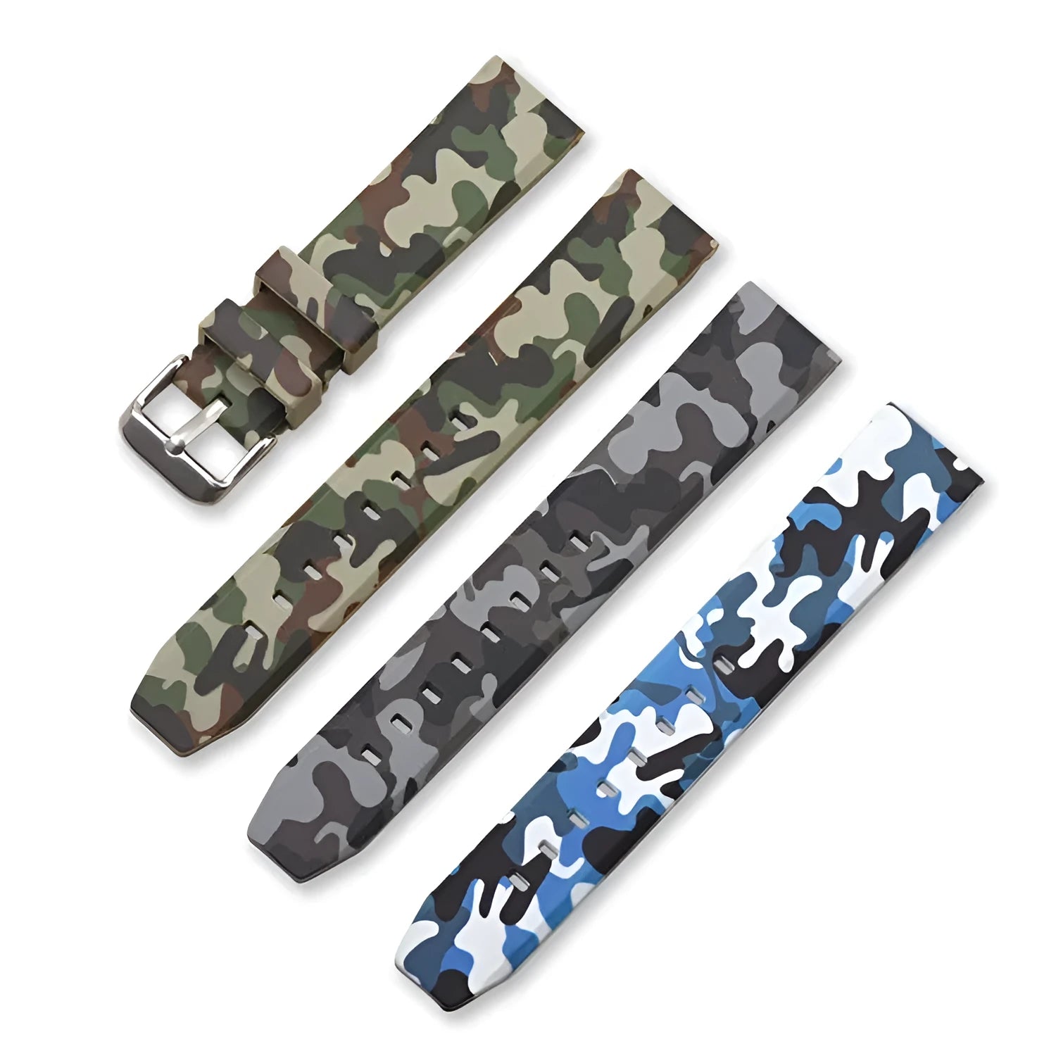 Green camouflage silicone watch strap with universal flat head lugs, shown next to 20mm, 22mm, 24mm size indicators.