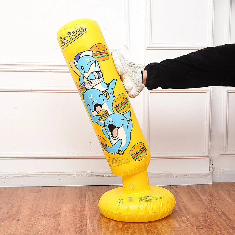 Yellow inflatable boxing column with hamburger print design standing upright.