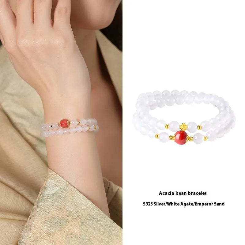 White agate women's bracelet with double-layer construction and geometry-shaped beads