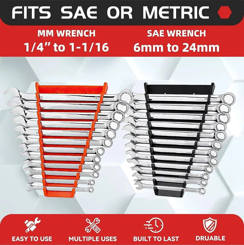 Magnetic wrench holder set of two ABS racks in black and green colour combination on a metal surface with wrenches stored