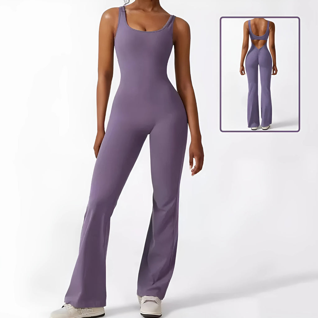 Women's sleeveless flare jumpsuit in Army Green colour for yoga and fitness activities