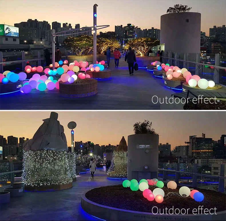 LED luminous ball lamp in garden setting with 16 colour options and remote control