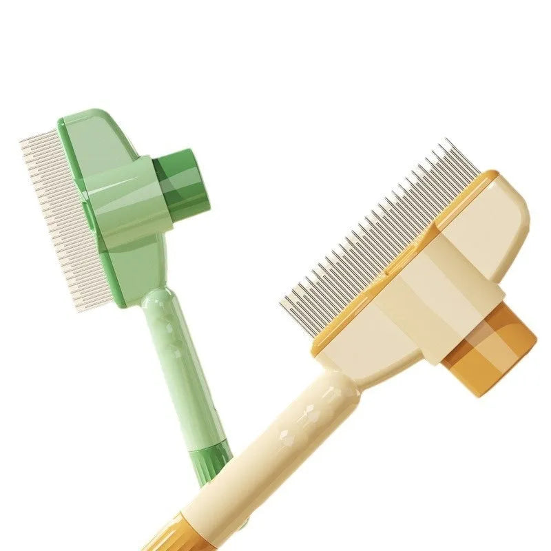 Yellow and green self-cleaning pet combs with stainless steel teeth on a white background