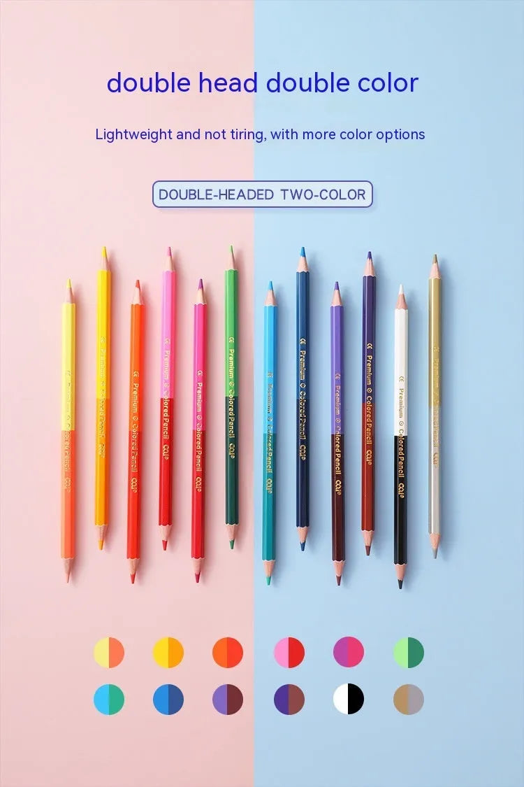 Set of wooden double-headed colouring pencils showing two colour leads on each pencil